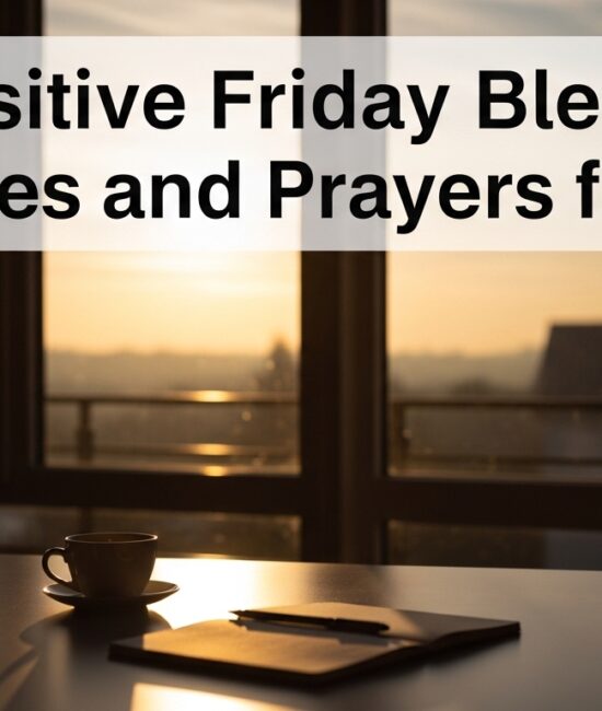 A serene image of a table with a coffee cup and notebook, set against a sunrise view through windows. Text reads: "120 Positive Friday Blessings Quotes and Prayers for Joy."