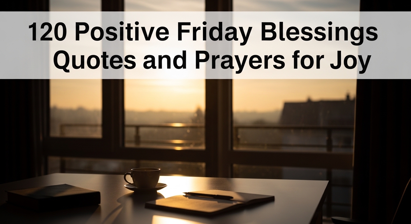 A serene image of a table with a coffee cup and notebook, set against a sunrise view through windows. Text reads: "120 Positive Friday Blessings Quotes and Prayers for Joy."