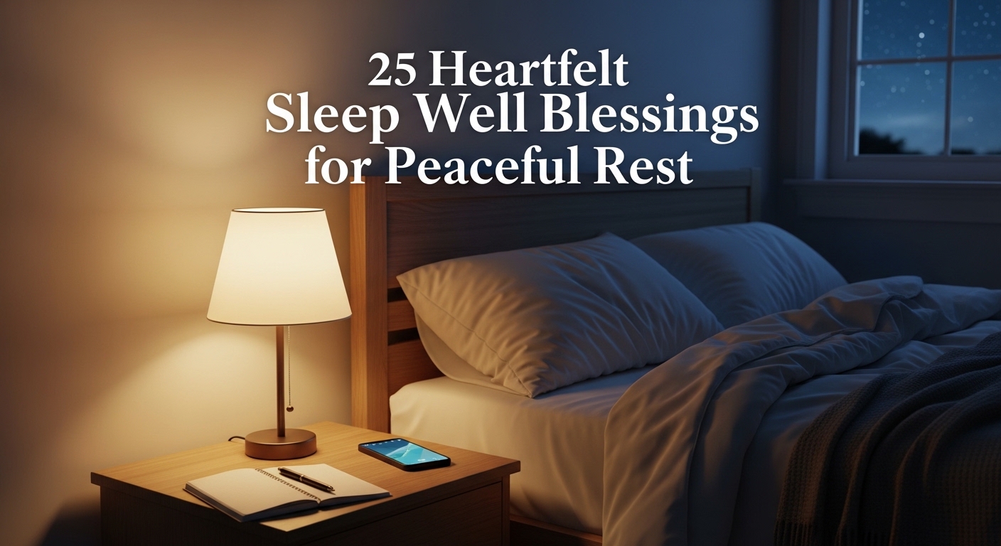 Cozy bedroom scene with a neatly made bed and soft lighting from a lamp on a nightstand, featuring a phone and notebook. Text: "25 Heartfelt Sleep Well Blessings for Peaceful Rest."