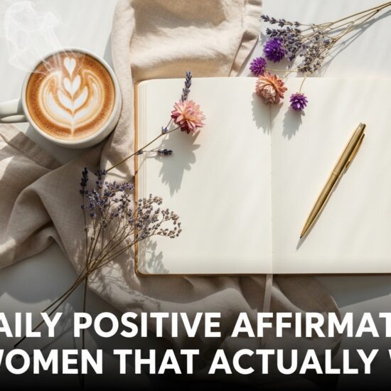 A cozy setting with an open journal, a gold pen, and colorful flowers on a white surface. A latte with heart foam is nearby. Text reads, "100 Daily Positive Affirmations for Women That Actually Work.”