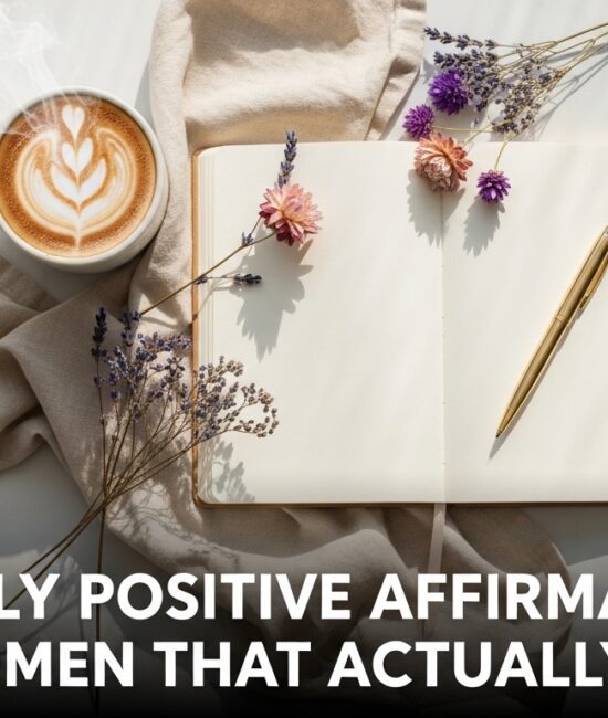 A cozy setting with an open journal, a gold pen, and colorful flowers on a white surface. A latte with heart foam is nearby. Text reads, "100 Daily Positive Affirmations for Women That Actually Work.”