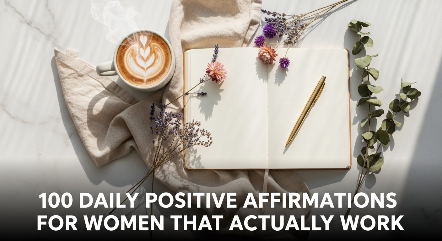 A cozy setting with an open journal, a gold pen, and colorful flowers on a white surface. A latte with heart foam is nearby. Text reads, "100 Daily Positive Affirmations for Women That Actually Work.”